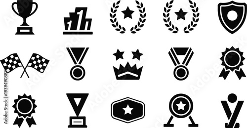 Assortment of black award and sports icons on white