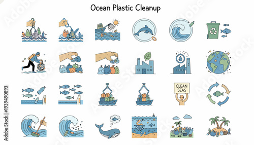 Ocean Plastic Cleanup Icons Set: Pollution, Recycling, Marine Life