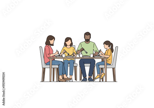Diverse family members enjoy a meal together at a dining table sharing food and conversation in a warm indoor setting illustration