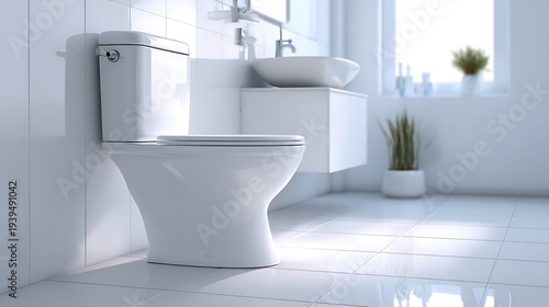 Modern white ceramic toilet in a bright and clean bathroom with a sink and plant.