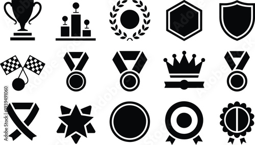 Collection of black award and trophy icons on white background