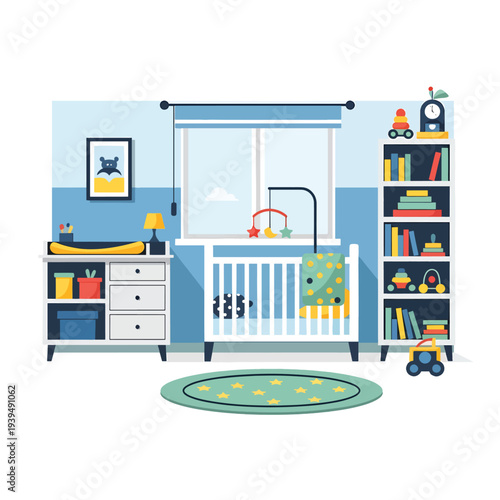 Baby Crib with Toys and Nursery Furniture.