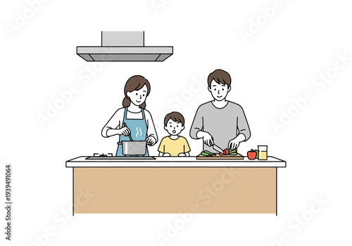 Family Cooking Together In Kitchen Preparing Healthy Meal Together Mother Father And Child In Domestic Household Activity Preparing Food Daily Life