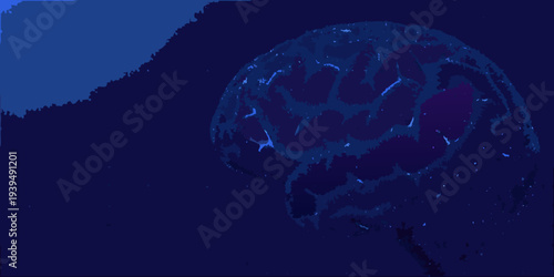 A glowing human brain is digitally rendered against a dark backdrop