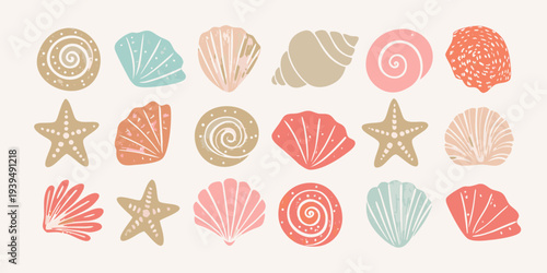 A collection of colorful hand drawn seashells starfish and spiral marine life