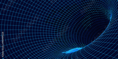 A digital rendering of a blue grid warping into a tunnel vortex