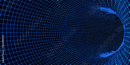 Abstract digital tunnel with a grid pattern and blue color scheme