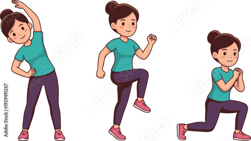 Young woman performing fitness workout exercises in three different poses, healthy lifestyle cartoon vector illustration.