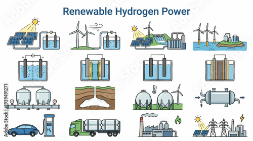 Renewable Hydrogen Power: Clean Energy Production Icons