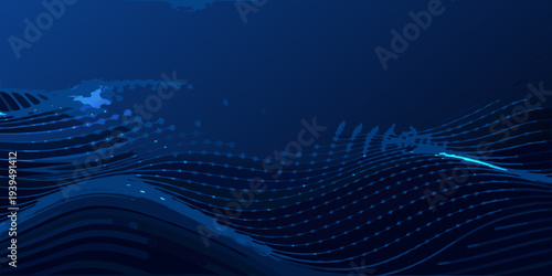 Abstract blue ocean waves with glowing particles and digital elements