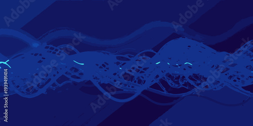 Abstract blue waves and swirling patterns create a dynamic background