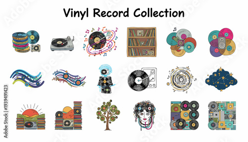 Retro Vinyl Record Collection and Music Elements