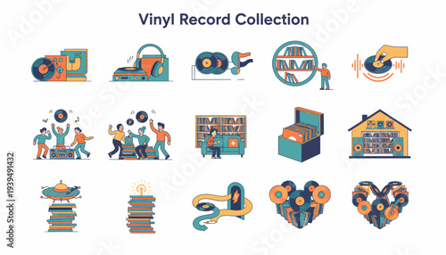 Retro Vinyl Record Collection and Music Icons