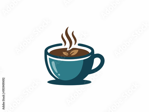 Coffee break icon with steam and herbal leaves in flat design style