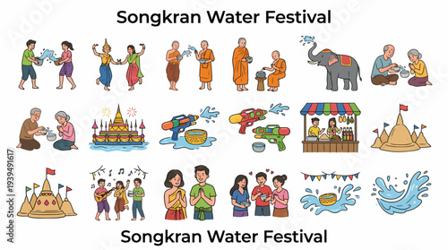 Songkran Water Festival Thailand Traditional Celebration Icons