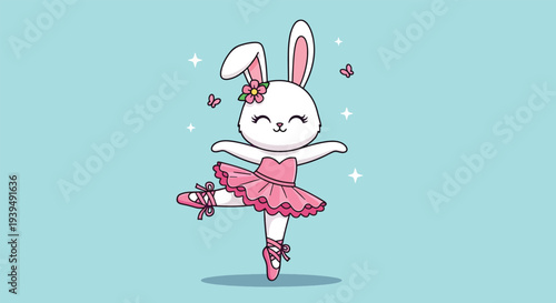 Adorable cartoon bunny ballerina dancing gracefully with a pink tutu.