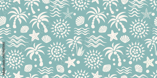 A repeating pattern of tropical beach elements in light shades