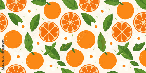 Seamless pattern of vibrant oranges slices leaves and scattered segments