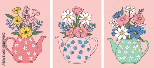 Colorful teapots filled with floral bouquets vector illustration, spring decorative design, vibrant flowers arrangement, seasonal art elements for stock content