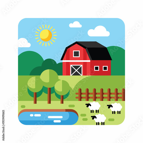 Red Barn with Sheep Grazing Nearby.