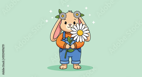 Adorable Bunny with Daisy Flower and Floral Crown.