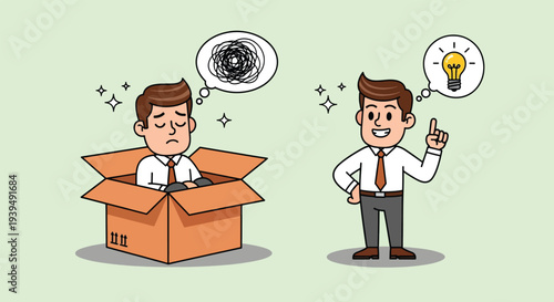 Businessman thinking outside the box for creative ideas.