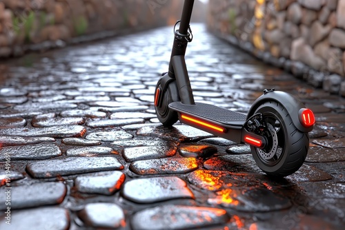 Black Electric Scooter on Wet Cobblestone Street at Night