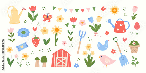 Colorful gardening illustration featuring flowers tools and farm elements