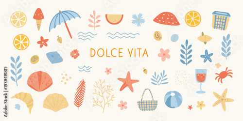 A colorful illustrated pattern featuring summer objects and the phrase dolce vita