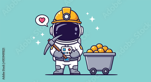 Cute Astronaut Miner with Pickaxe and Gold Cart.
