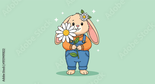 Cute Bunny Holding Daisy Flower Adorable Cartoon Illustration.