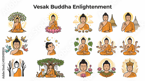 Vesak Buddha Enlightenment Icons Set - Meditating, Peaceful, Spiritual