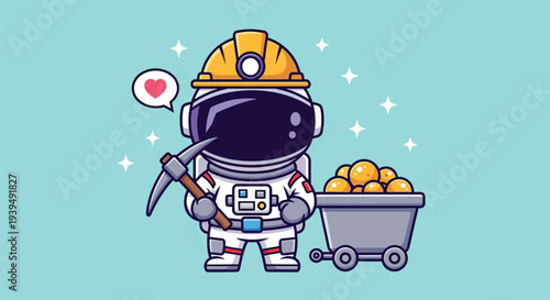 Cute Astronaut Miner with Gold Coins.