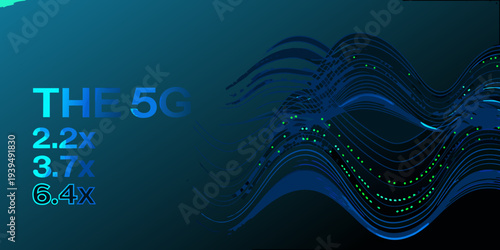 Abstract design featuring the 5g text and wave like data streams