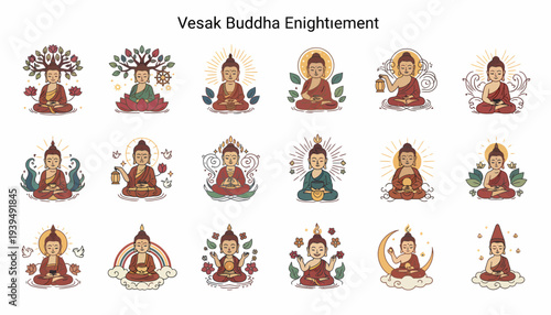 Vesak Buddha Enlightenment Icons Set