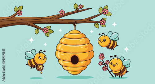 Cute Cartoon Bees and Beehive on a Branch.