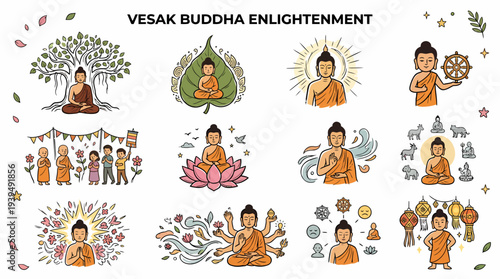 Vesak Buddha Enlightenment Icons Set