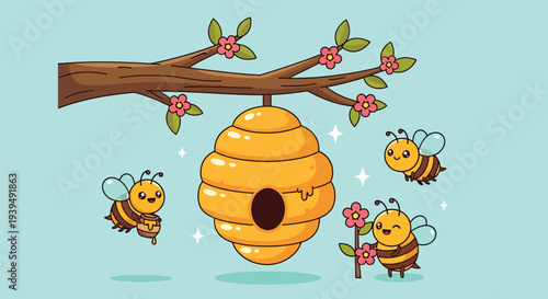 Cute Cartoon Bees Flying Around a Honeycomb Beehive Hanging from a Tree Branch with Pink Flowers.