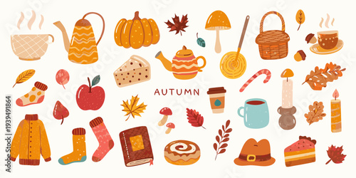 A charming collection of autumnal illustrations pumpkins leaves and cozy items