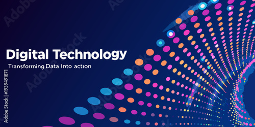 Digital technology concept with colorful dots radiating from a central point