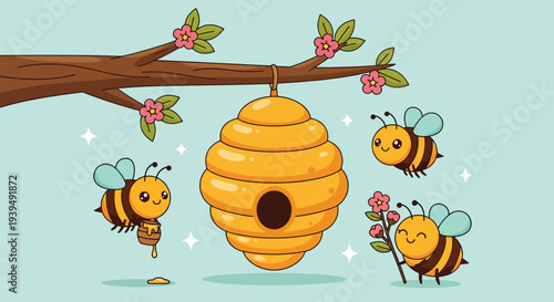 Cute cartoon bees and beehive hanging from a tree branch in a spring nature scene.