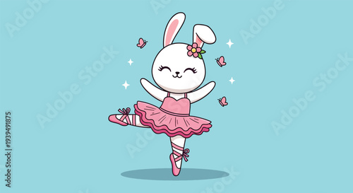 Cute cartoon bunny ballerina dancing gracefully on a light blue background.
