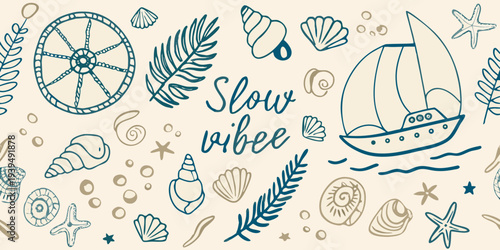 Coastal themed doodle pattern with shells a ship and handwritten text