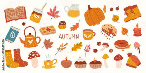 A colorful autumn collection featuring books pumpkins and cozy fall items
