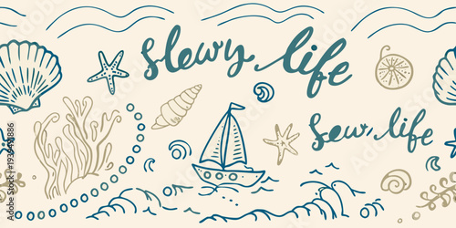A whimsical hand drawn illustration of coastal life and marine elements