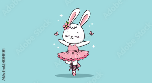 Cute cartoon bunny ballerina dancing gracefully on pointe shoes.