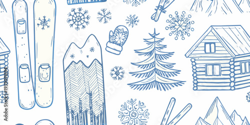 Winter wonderland skis snowflakes cabin and festive holiday elements