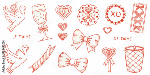 Romantic doodles including hearts doves bows and french love phrases