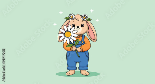 Cute cartoon bunny wearing a flower wreath and holding a daisy.