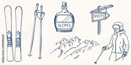 A collection of sketches depicting winter sports and apr s ski elements
